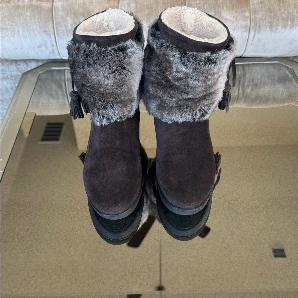 Aquatalia Brown Suede Faux Fur Trim Tassel‎ Wedge Boots Womens 6.5